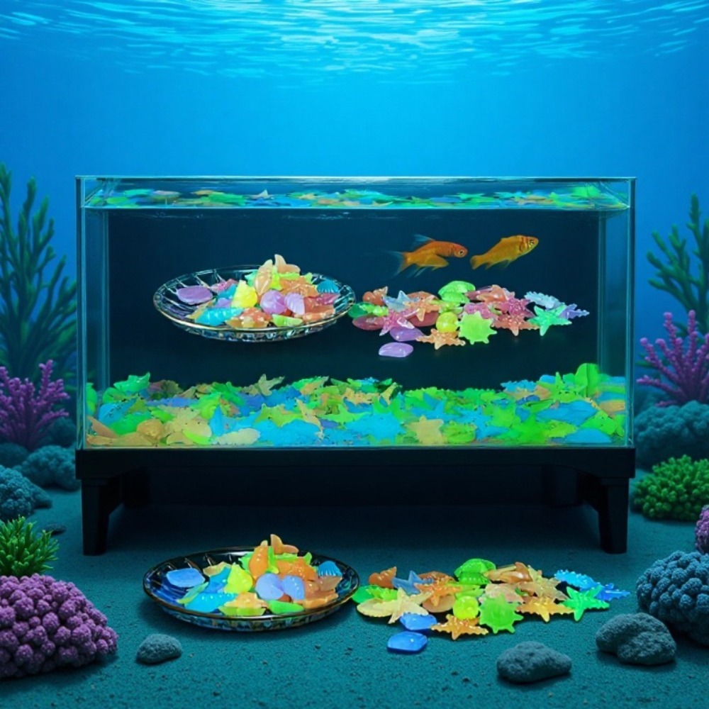 Aquarium Fish Artificial - 光る発光海洋石、蛍光貝殻、カラフルなヒトデ、水槽の景観装飾用、暗闇で光る