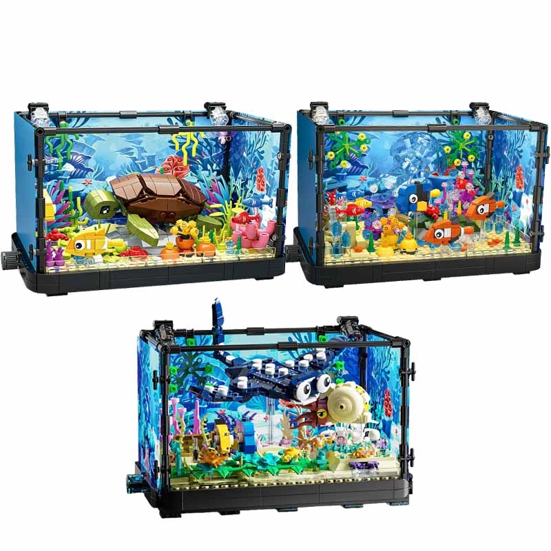 Aquarium Fish Lego - ライト付き水槽ビルディングブロックセット、水槽、海洋カメ、14歳以上の子供向けビルディングブロックおもちゃ、ギフト、家の装飾